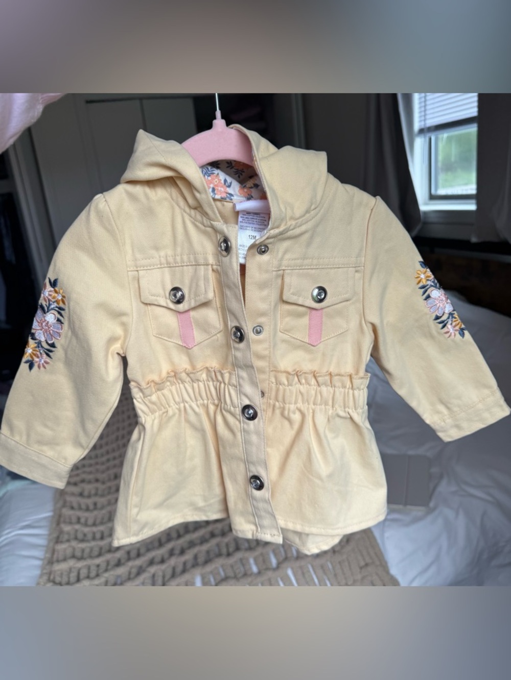 Little Lass Toddler Pale Yellow Hooded Embroidered Jean Jacket